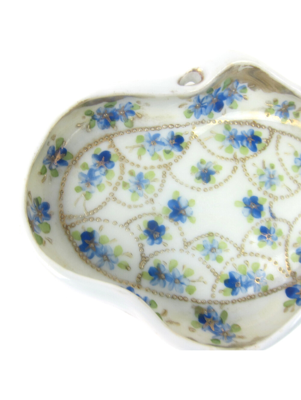 Antique Porcelain Dish Hand Painted Blue Flowers Green Gold Accents Japan Mikado - Picture 2 of 13